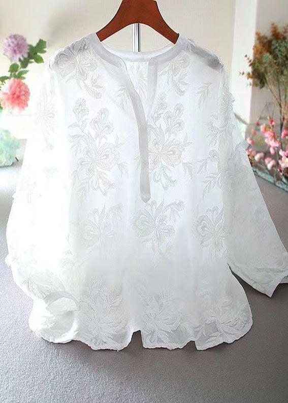 French White Embroidered Cotton Blouse Tops Spring