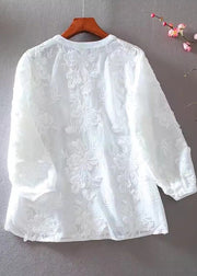 French White Embroidered Cotton Blouse Tops Spring