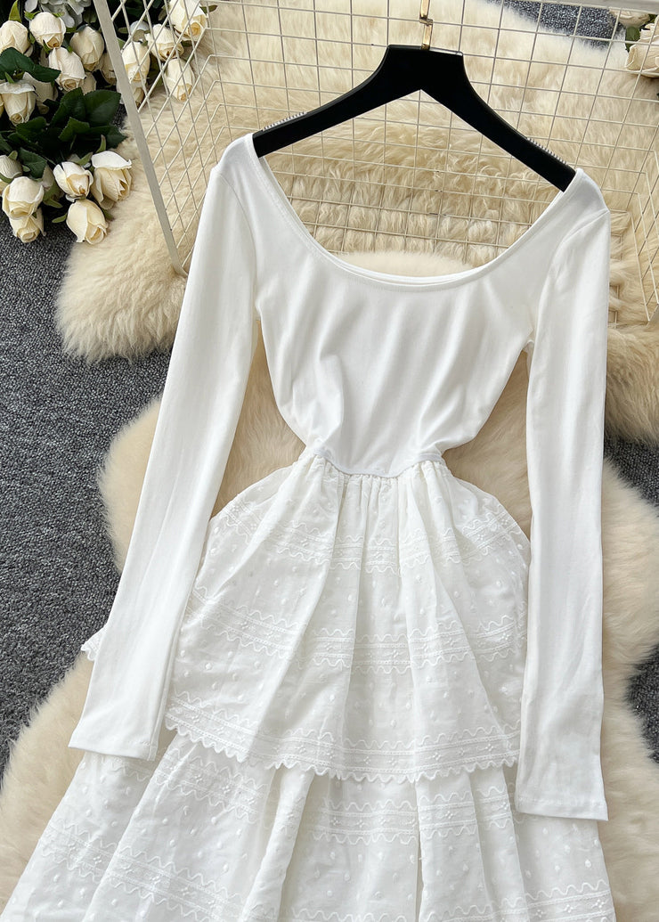 French White Embroidered Cotton Party Dress Spring