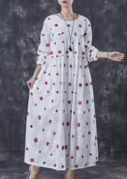 French White Embroidered Floral Cotton Maxi Dress Spring