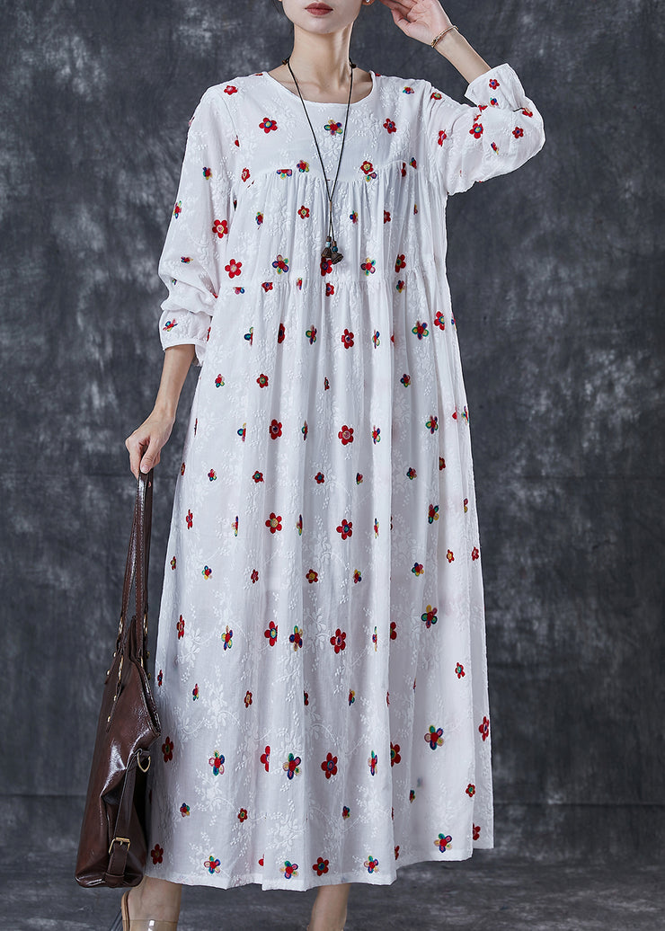 French White Embroidered Floral Cotton Maxi Dress Spring