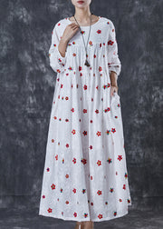 French White Embroidered Floral Cotton Maxi Dress Spring