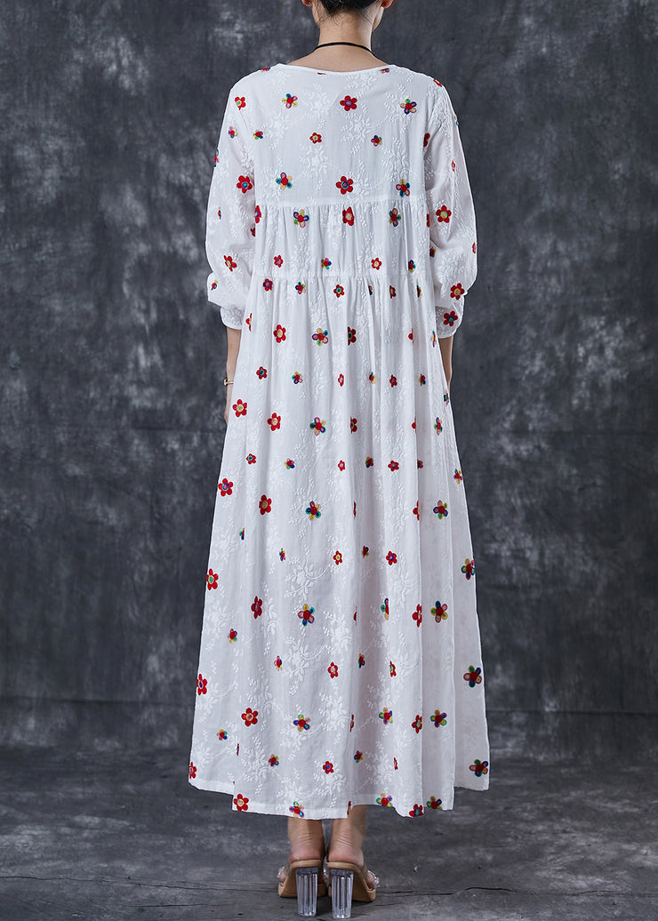 French White Embroidered Floral Cotton Maxi Dress Spring