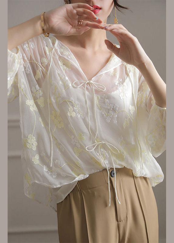 French White Embroidered Lace Up Silk Shirt Bracelet Sleeve