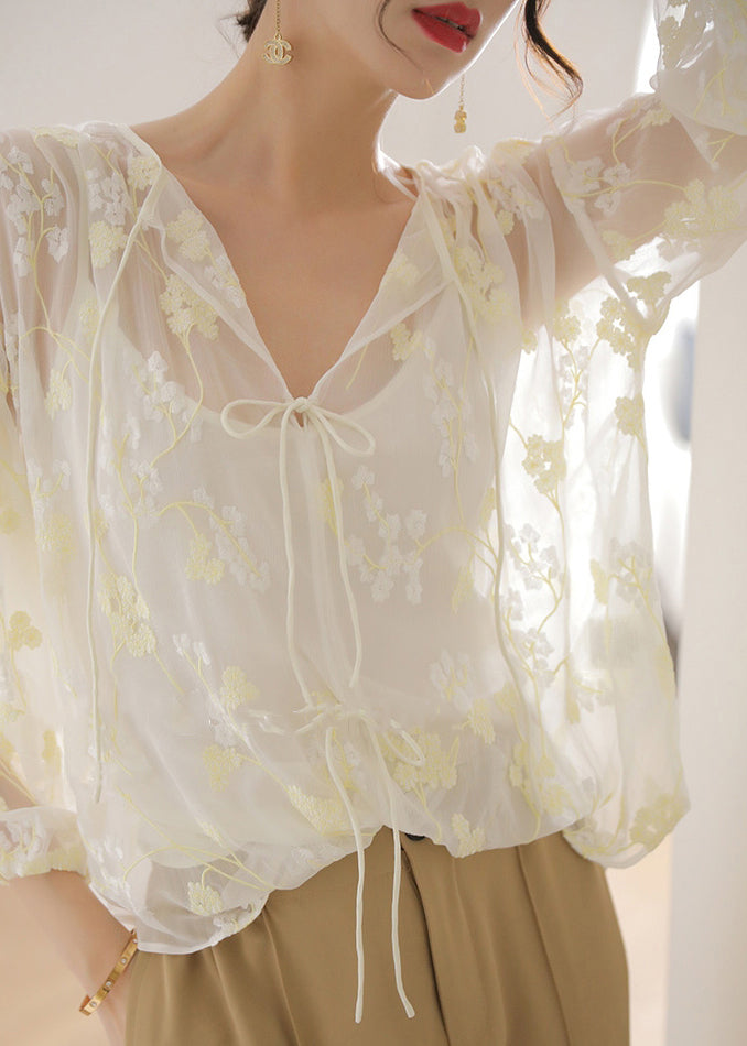 French White Embroidered Lace Up Silk Shirt Bracelet Sleeve