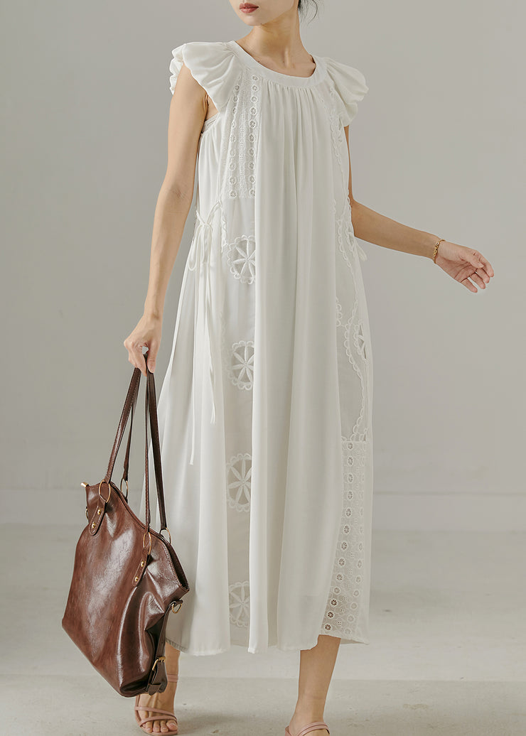 French White Embroidered Patchwork Cotton Maxi Dresses Summer