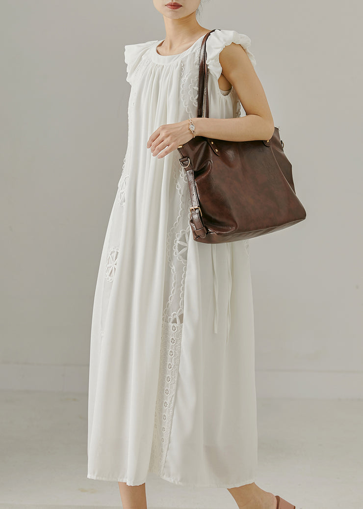 French White Embroidered Patchwork Cotton Maxi Dresses Summer