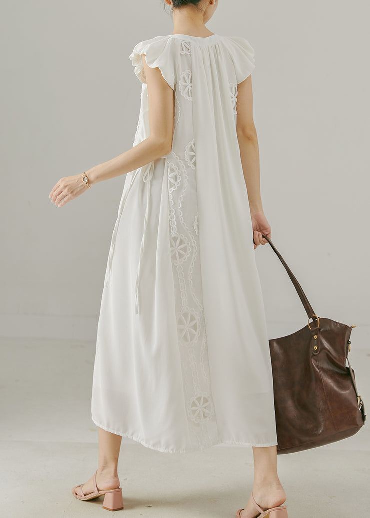 French White Embroidered Patchwork Cotton Maxi Dresses Summer