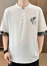 French White Embroideried Button Linen Men T Shirts Half Sleeve