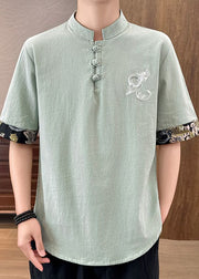 French White Embroideried Button Linen Men T Shirts Half Sleeve