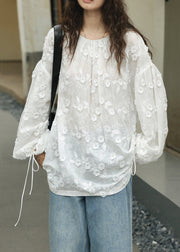 French White Embroidered Lace Up Patchwork Cotton Shirt Top Lantern Sleeve