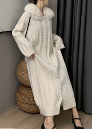 French White Fur Collar Patchwork Knitted Sweaters Dress Spring