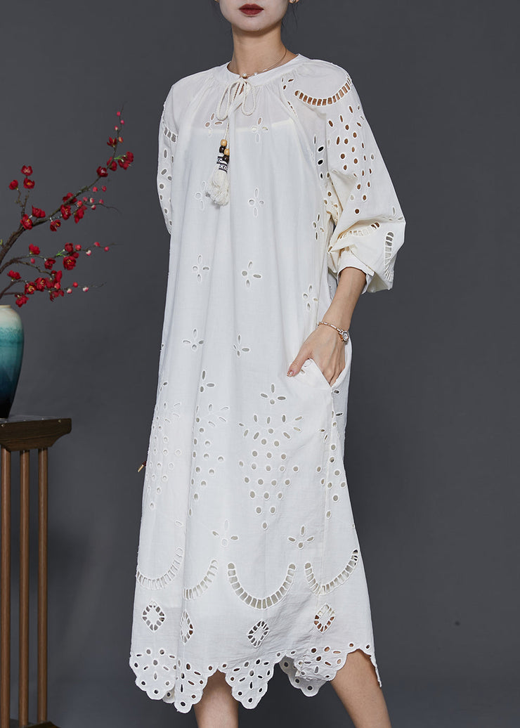 French White Hollow Out Cotton Long Dress Spring