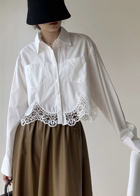 French White Hollow Out Embroidered Patchwork Cotton Shirt Top Fall