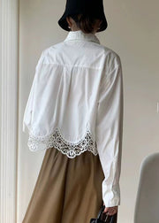 French White Hollow Out Embroideried Patchwork Cotton Shirt Top Fall