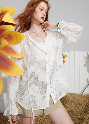 French White Hollow Out Patchwork Lace Shirt Tops Fall