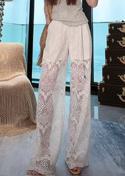 French White Hollow Out Pockets Elastic Waist Lace Pants Summer