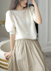 French White Hollow Out Puff Sleeve Patchwork Woolen Knit Tops