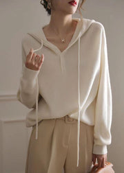 French White Hooded Woolen Knit Sweaters Spring