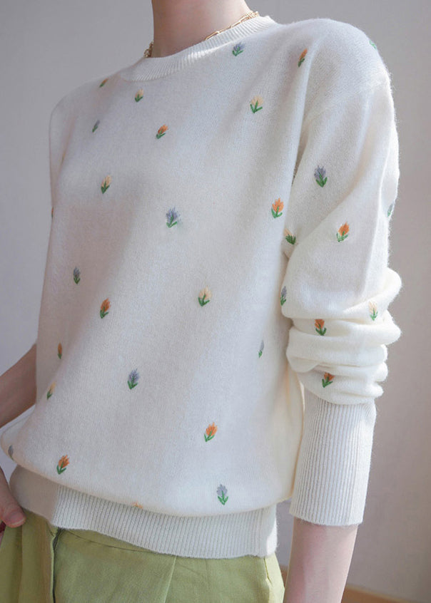 French White O Neck Embroidered Knit Sweater Fall