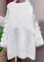 French White O Neck Floral Knit Sweater Dress Spring