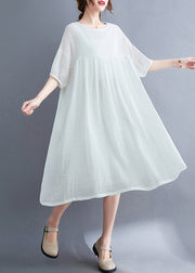 French White O-Neck Patchwork Maxi Dress Short Sleeve