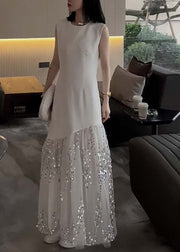French White O Neck Sequins Tulle Patchwork Dresses Sleeveless