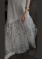 French White O Neck Sequins Tulle Patchwork Dresses Sleeveless