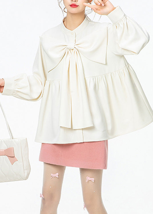 French White O-Neck Wrinkled Bow Solid Shirt Spring