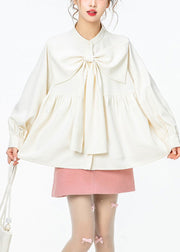 French White O-Neck Wrinkled Bow Solid Shirt Spring