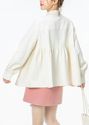 French White O-Neck Wrinkled Bow Solid Shirt Spring