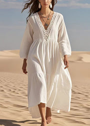 French White Oversized Hollow Out Cotton Long Dresses Spring