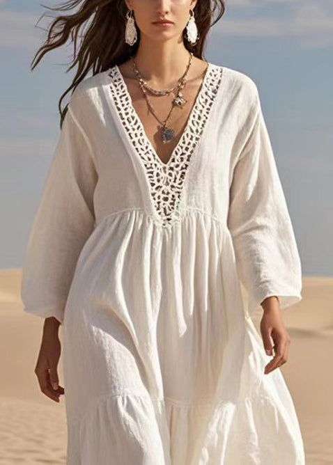 French White Oversized Hollow Out Cotton Long Dresses Spring