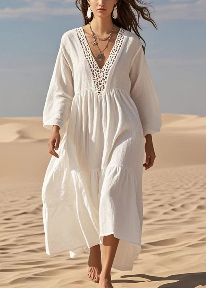 French White Oversized Hollow Out Cotton Long Dresses Spring