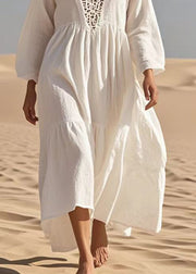 French White Oversized Hollow Out Cotton Long Dresses Fall