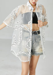 French White Oversized Letter Print Tulle UPF 50+ Coat Jacket Summer