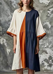 French White Oversized Patchwork Cotton Dress Flare Sleeve