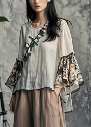 French White Oversized Patchwork Cotton Tops Flare Sleeve