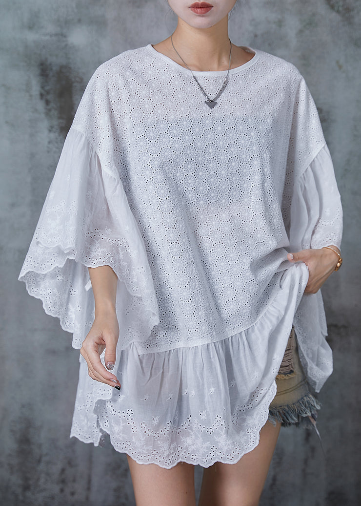 French White Oversized Patchwork Hollow Out Tank Batwing Sleeve