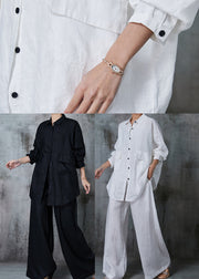 French White Oversized Pockets Cotton Two Pieces Set Summer