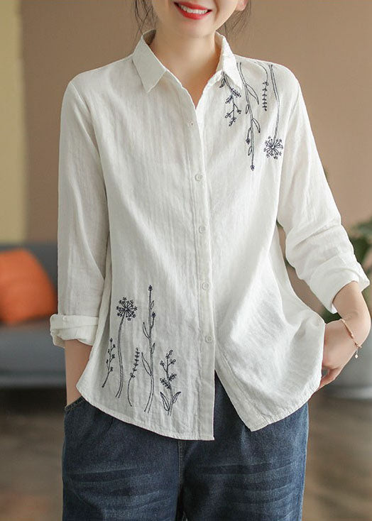 French White Peter Pan Collar Embroideried Cotton Shirt Tops Spring