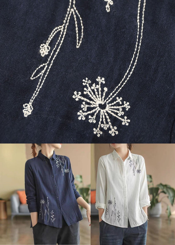 French White Peter Pan Collar Embroideried Cotton Shirt Tops Spring