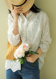 French White Peter Pan Collar Embroideried Floral Button Cotton Shirts Long Sleeve