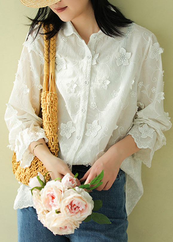 French White Peter Pan Collar Embroideried Floral Button Cotton Shirts Long Sleeve