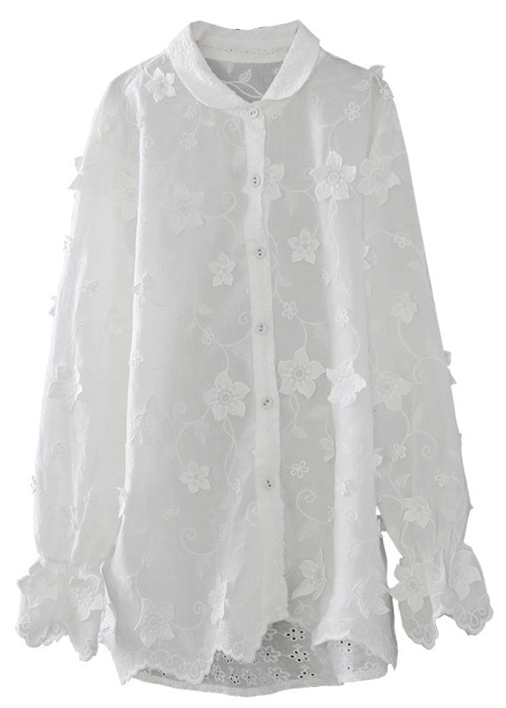 French White Peter Pan Collar Embroideried Floral Button Cotton Shirts Long Sleeve