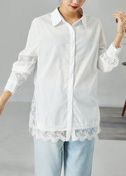 French White Peter Pan Collar Lace Patchwork Side Open Cotton Shirt Top Spring