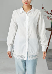 French White Peter Pan Collar Lace Patchwork Side Open Cotton Shirt Top Spring