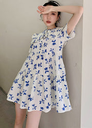 French White Peter Pan Collar Wrinkled Patchwork Print Cotton Shirt Dress Short Sleeve