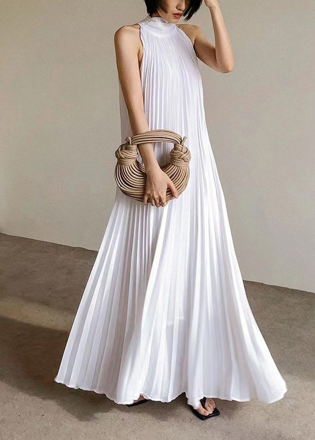 French White Pleated Hanging Neck Off Shoulder Long Dress Summer