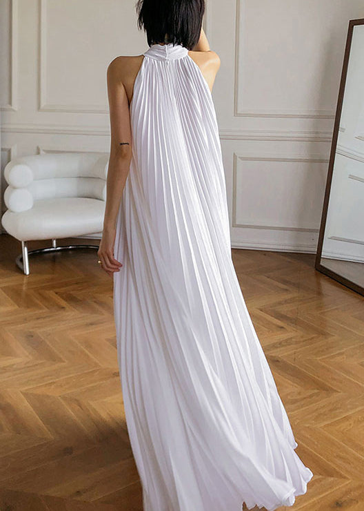 French White Pleated Hanging Neck Off Shoulder Long Dress Summer
